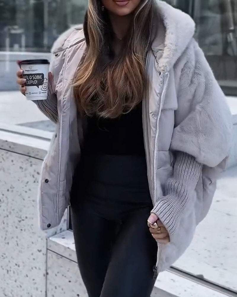 Chaqueta Puffer de Piel Sintética Cómoda para Mujeres con Capucha y Mangas Largas de Puño Acanalado Estilo Oversized