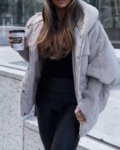 Chaqueta Puffer de Piel Sintética Cómoda para Mujeres con Capucha y Mangas Largas de Puño Acanalado Estilo Oversized