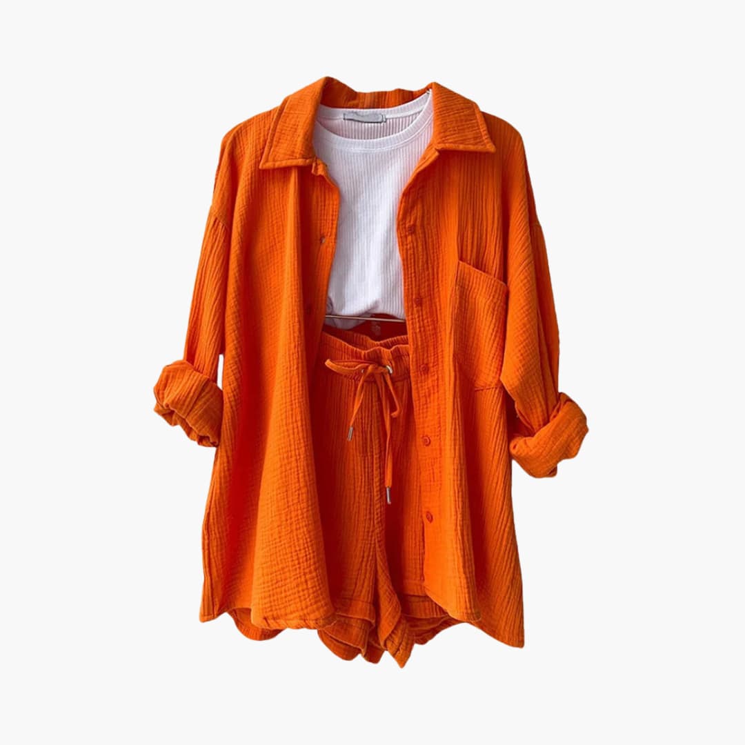 Conjunto de Dos Piezas de Algodón Arrugado Sin Esfuerzo para Mujeres con Pantalones Cortos con Cintura Ajustable y Estilo Relajado