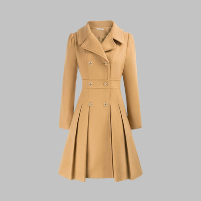 Abrigo de mezcla de lana elegante para mujeres con solapa de muesca, manga larga, doble botonadura y estilo acampanado con pliegues