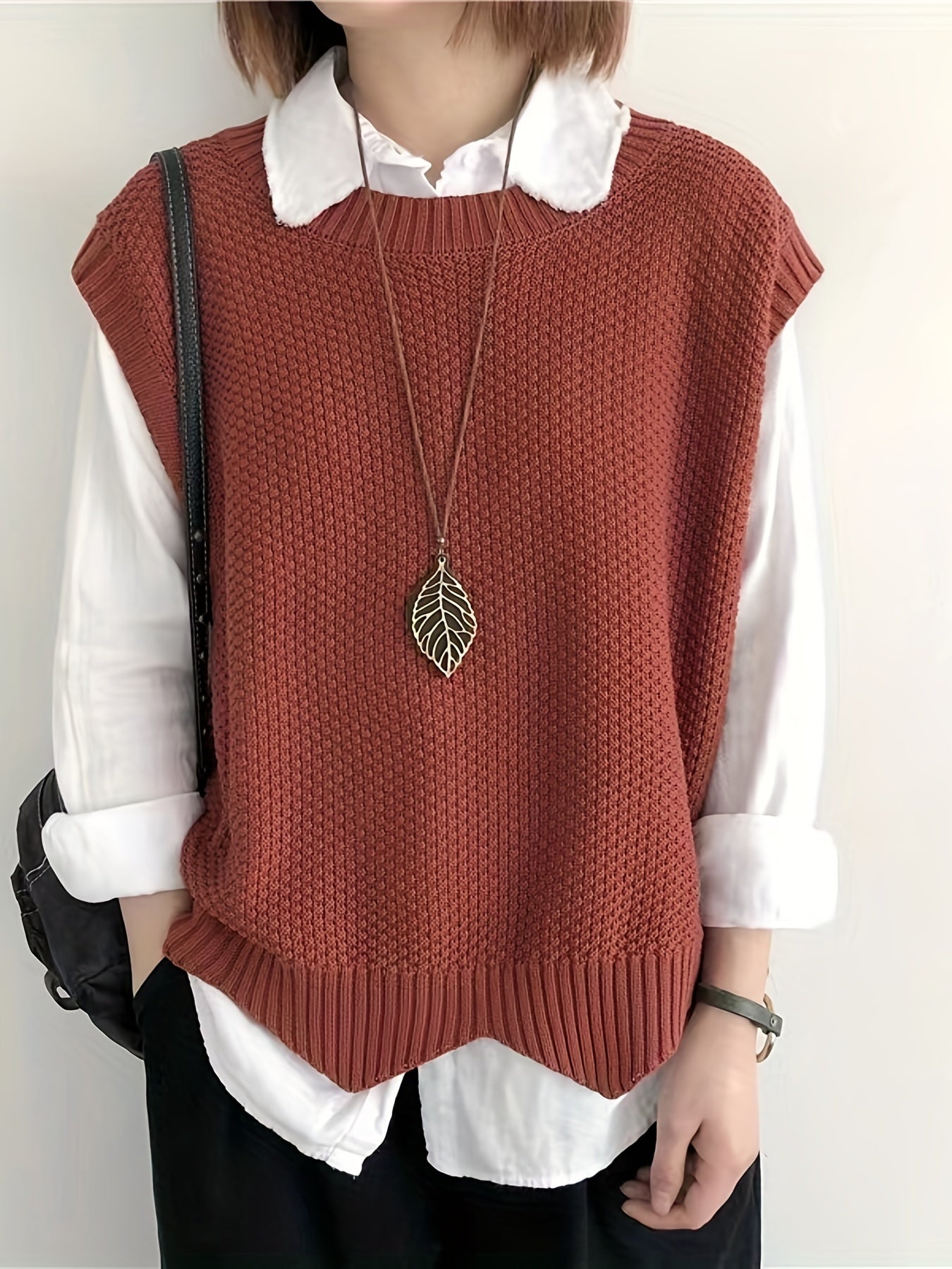 Chaleco de Suéter de Punto Grueso Cómodo para Mujeres con Cuello Redondo Sin Mangas Estilo Relajado y Oversized