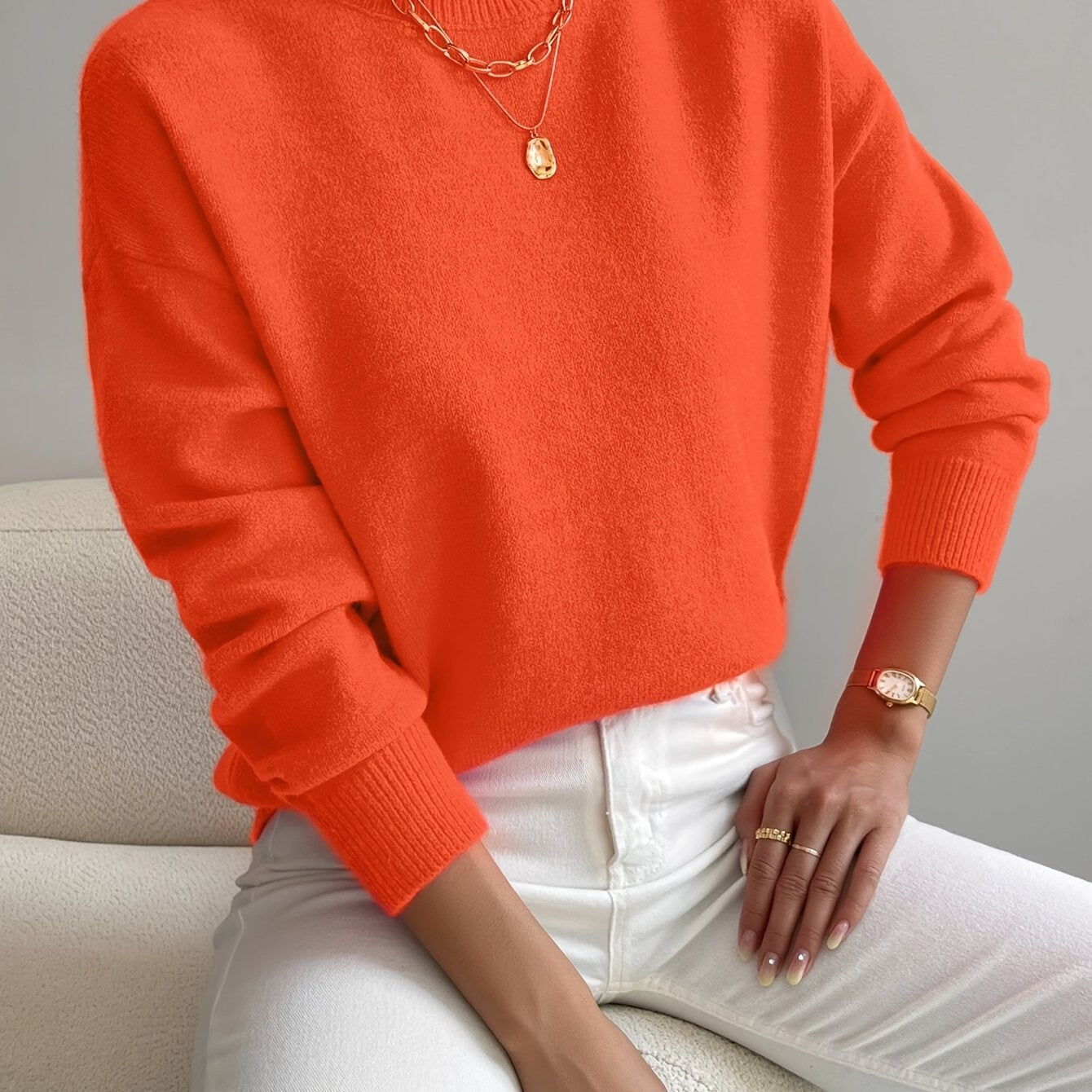 Suéter de punto cómodo para mujeres con cuello alto, mangas largas y estilo relajado y oversized