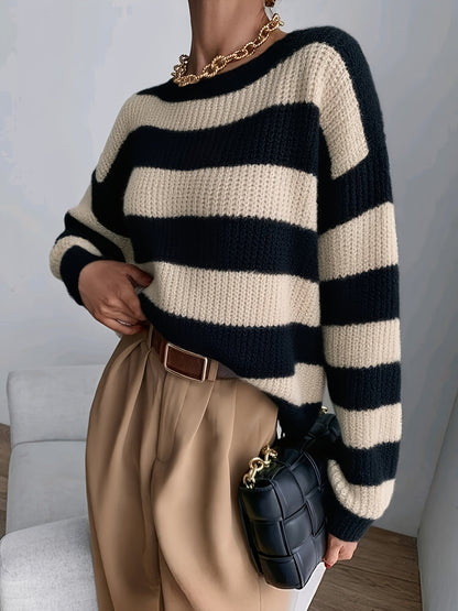 Suéter a Rayas Cómodo para Mujeres con Cuello Redondo, Manga Larga, Estilo Relajado y Oversized