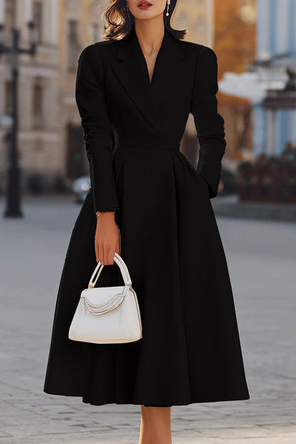 Vestido Midi Elegante de Corte Entallado y Acampanado para Mujeres con Cuello de Solapa, Manga Larga, Pliegues y Bolsillos, Estilo Coctel