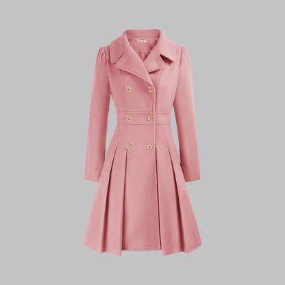Abrigo de mezcla de lana elegante para mujeres con solapa de muesca, manga larga, doble botonadura y estilo acampanado con pliegues