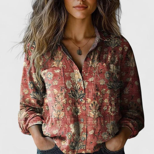 Blusa Floral Sin Esfuerzo para Mujeres con Cuello, Manga Larga, Botones en el Frente, Estilo Bohemio Relajado