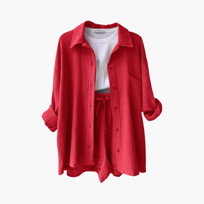 Conjunto de Dos Piezas de Algodón Arrugado Sin Esfuerzo para Mujeres con Pantalones Cortos con Cintura Ajustable y Estilo Relajado