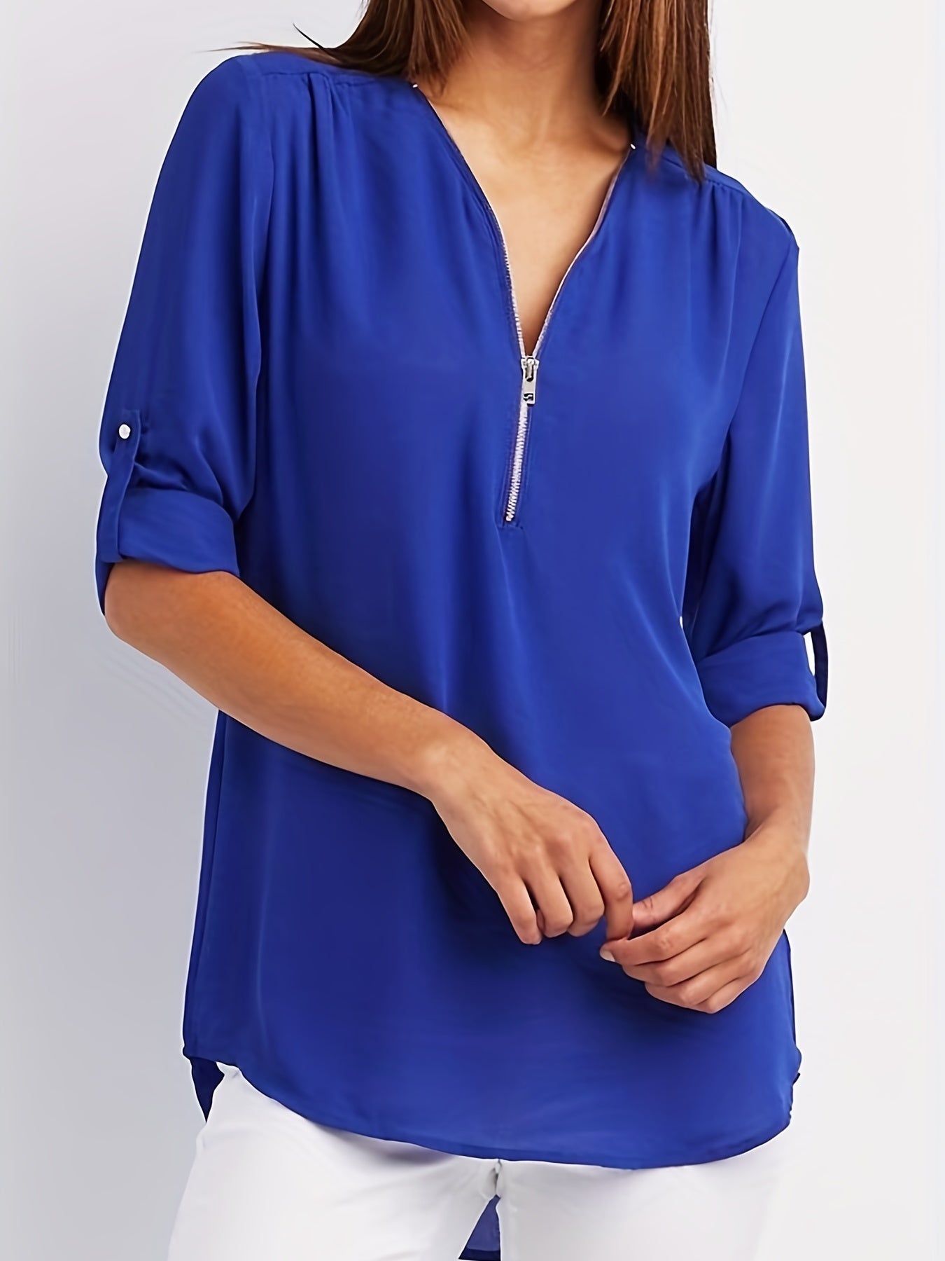 Blusa Frontal con Cremallera Sin Esfuerzo para Mujeres con Cuello en V y Manga con Tabulador, Estilo Túnica Relajada