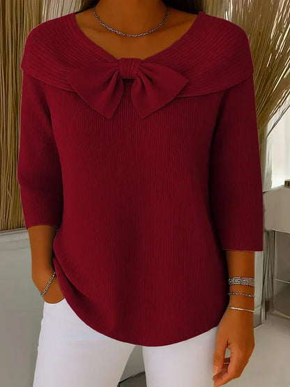 Suéter de Punto Acanalado Cómodo para Mujeres con Escote en V, Lazo y Manga de Codo Estilo Relajado Oversized