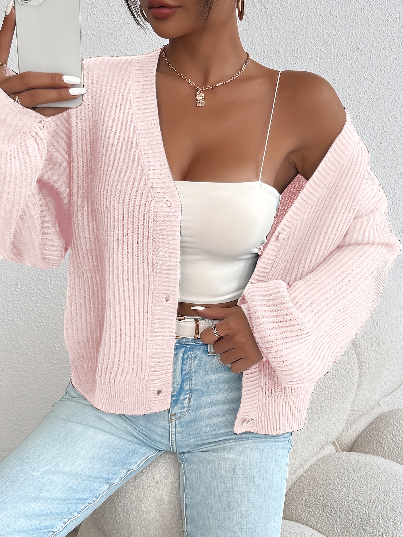 Cárdigan de Punto Acanalado Cómodo para Mujeres con Cuello en V, Manga Larga, Botones en la Parte Frontal, Estilo Oversized y Relajado