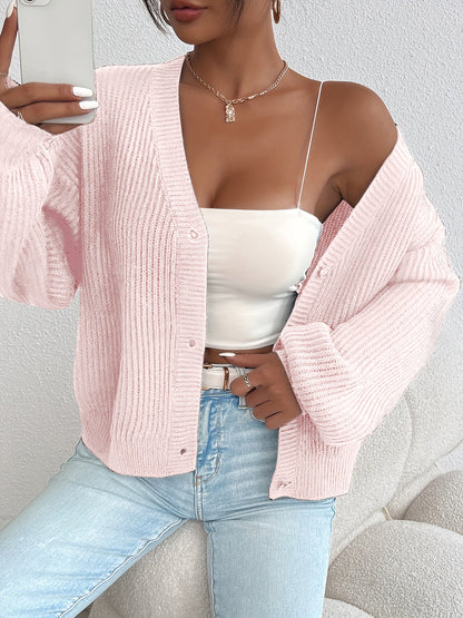 Cárdigan de Punto Acanalado Cómodo para Mujeres con Cuello en V, Manga Larga, Botones en la Parte Frontal, Estilo Oversized y Relajado