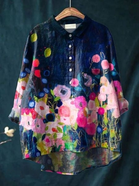 Blusa Floral Impresa Sin Esfuerzo para Mujeres con Cuello, Manga Larga, Botones en el Frente, Estilo Relajado
