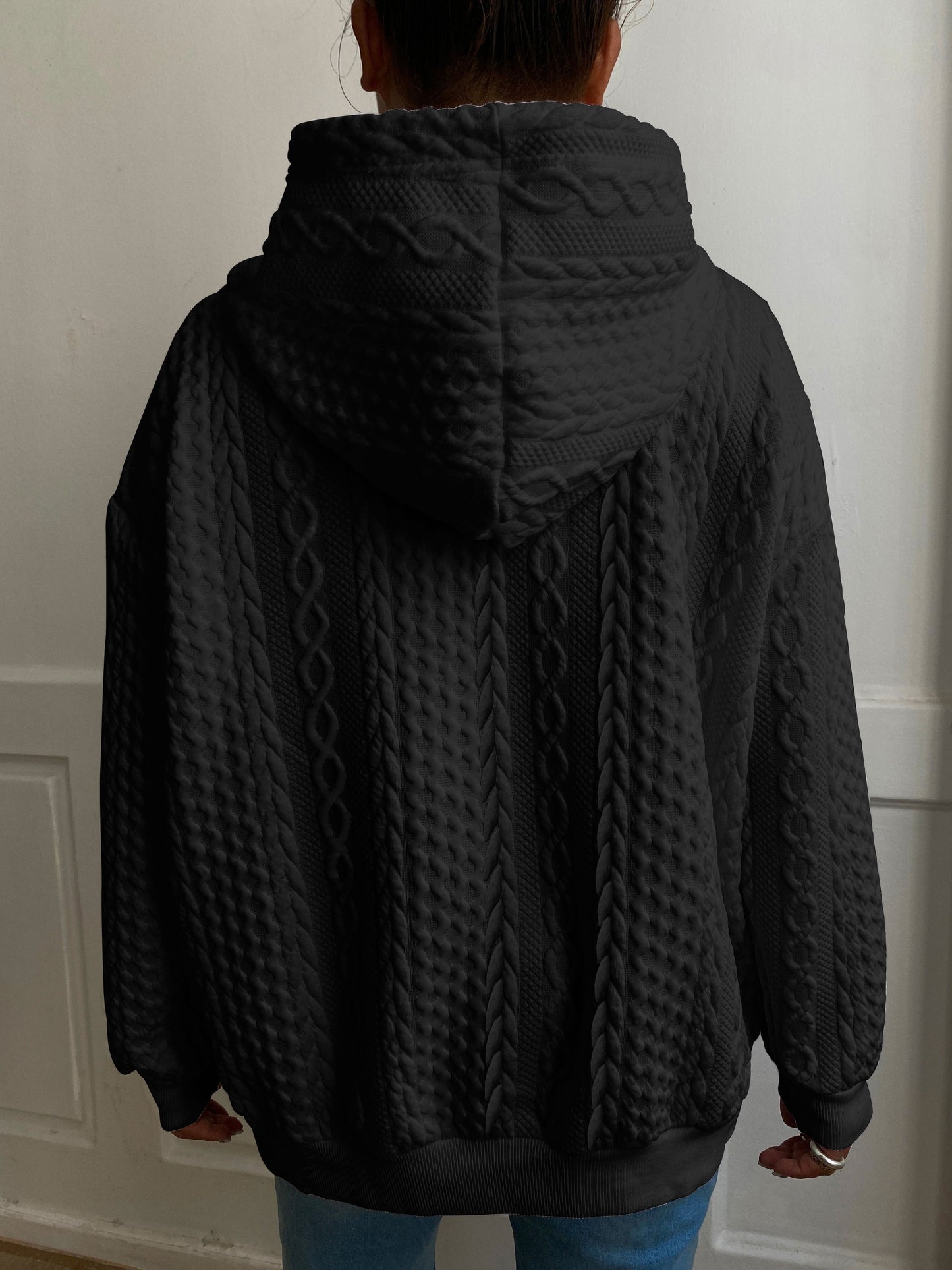 Sudadera de Punto Trenzado Cómoda para Mujeres con Capucha Ajustable de Cordón, Manga Larga, Estilo Relajado y Oversized