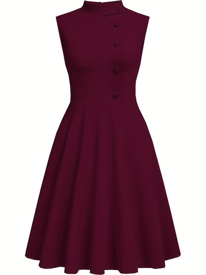 Elegante Vestido Midi Azul Marino para Mujeres con Cuello Alto Sin Mangas y Botones en la Parte Frontal, Estilo Cóctel de Corte Ajustado y Acampanado