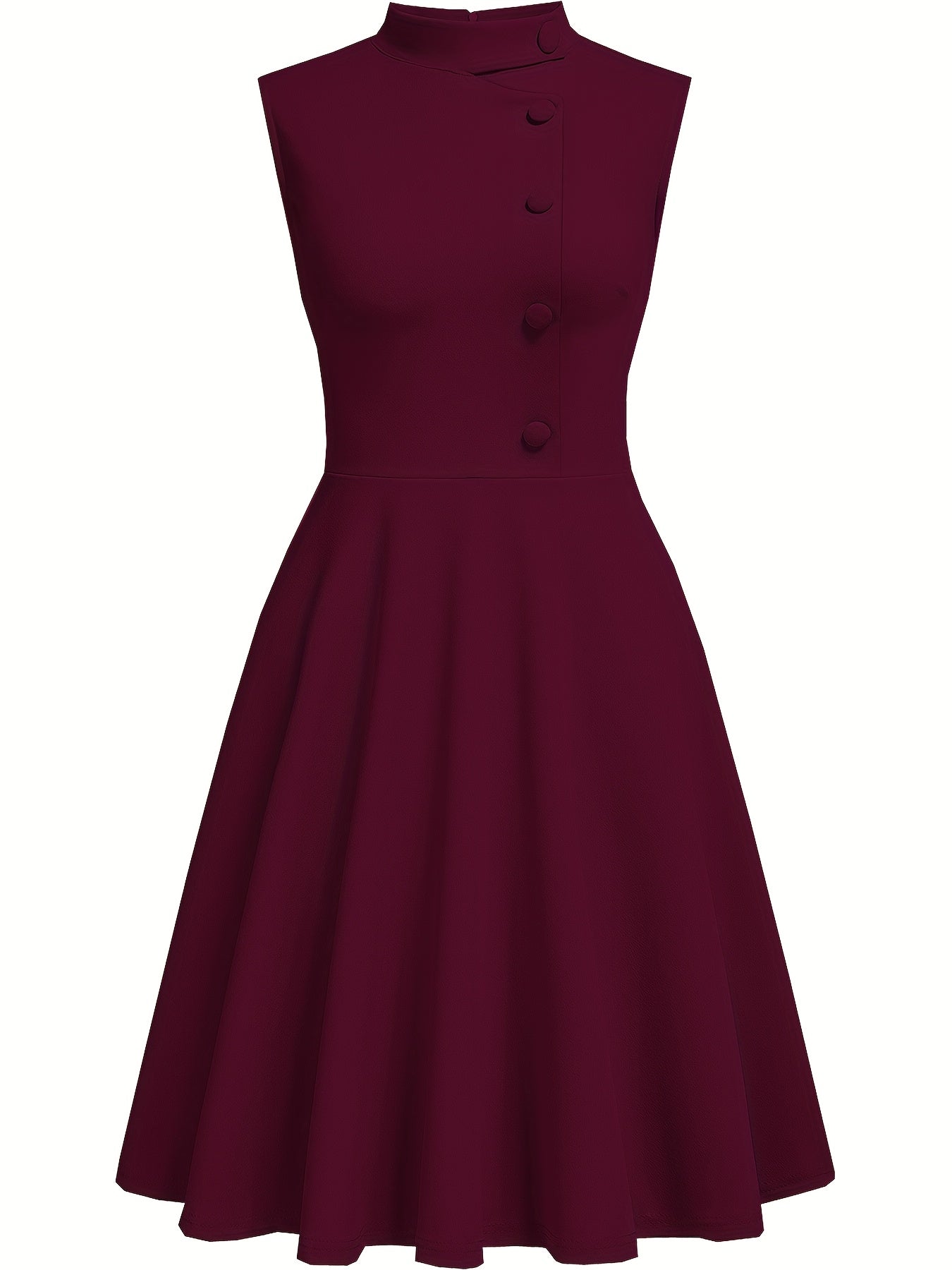 Elegante Vestido Midi Azul Marino para Mujeres con Cuello Alto Sin Mangas y Botones en la Parte Frontal, Estilo Cóctel de Corte Ajustado y Acampanado