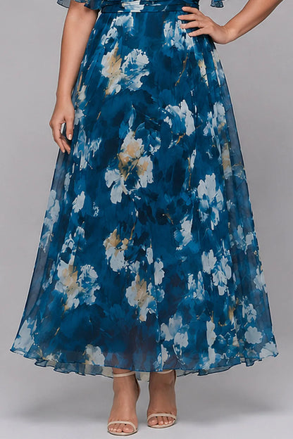 Elegante Vestido Maxi Floral Azul para Mujeres con Escote en V y Mangas Volantes, Estilo para Invitadas de Boda