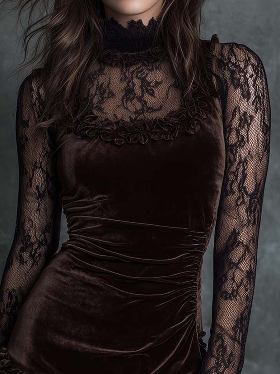 Elegante Mini Vestido de Terciopelo Chocolate para Mujeres con Cuello Alto de Encaje y Manga Larga Fruncida de Estilo Cóctel