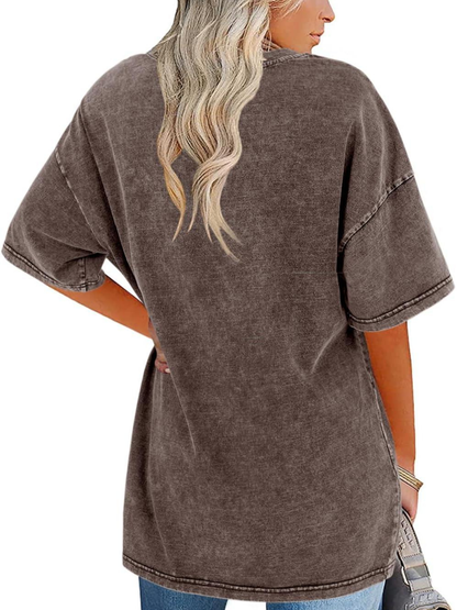 Túnica de Algodón Lavado Sin Esfuerzo para Mujeres con Cuello Redondo y Manga Corta, Estilo Oversized y Casual