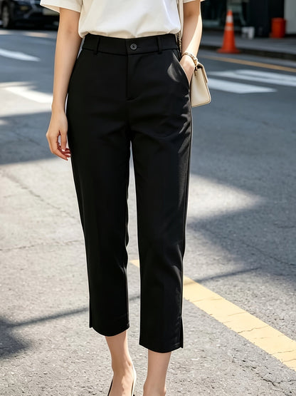 Pantalones Elegantes a Medida para Mujeres con Cintura Alta, Botón Frontal y Abertura Lateral en el Tobillo