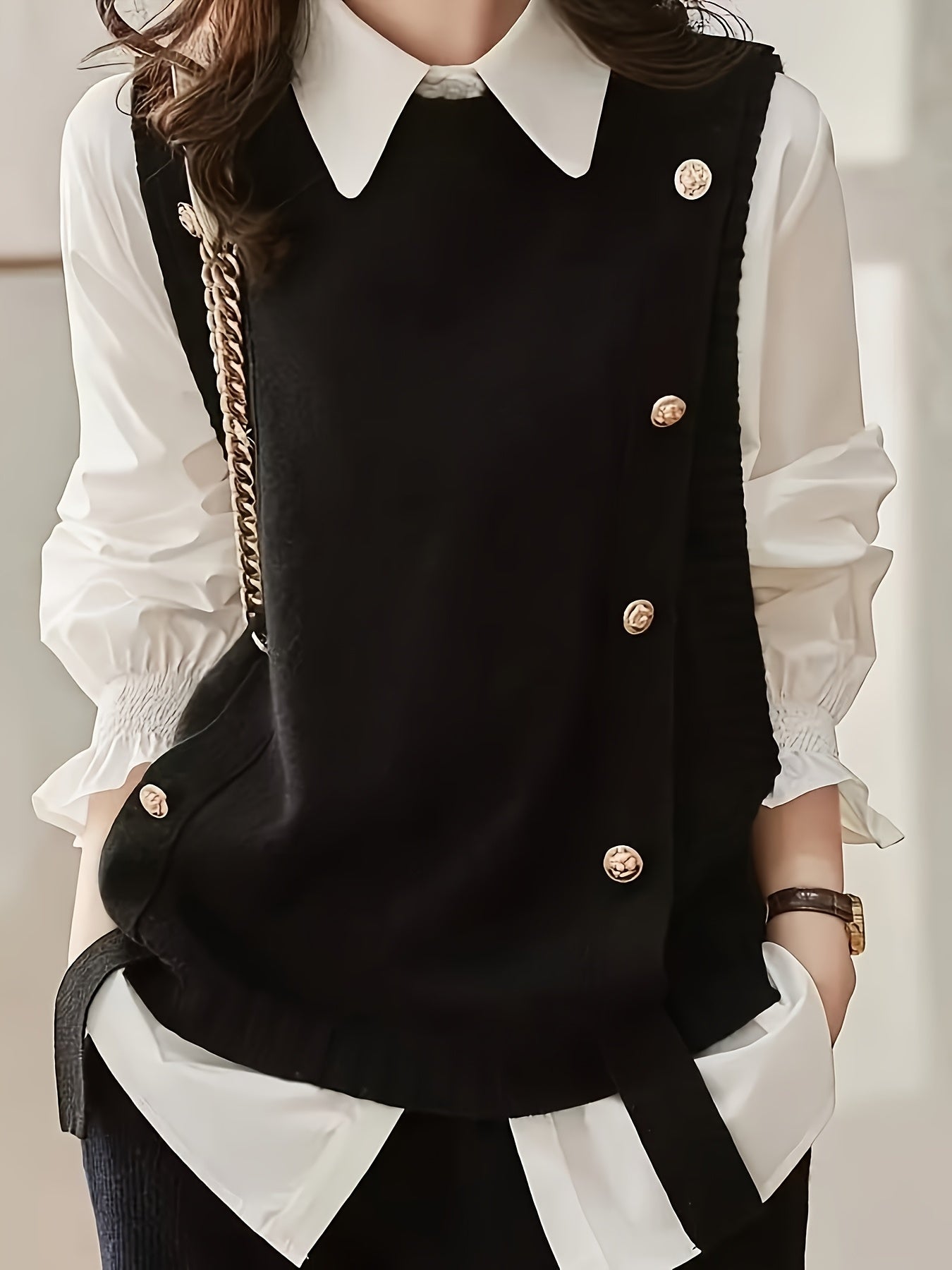Chaleco de Suéter Cómodo para Mujeres con Cuello Redondo Sin Mangas y Detalle de Botones en Estilo Relajado y Oversized