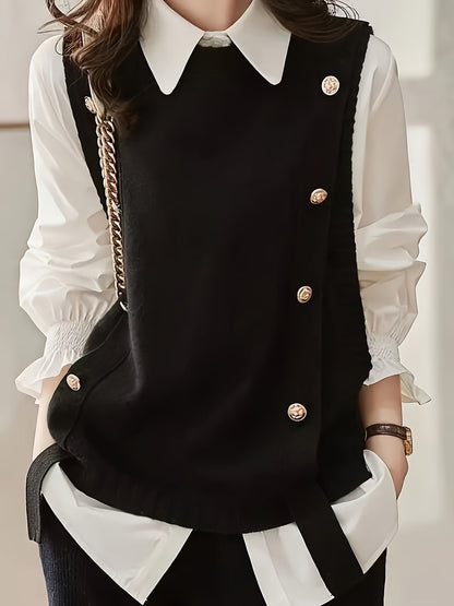 Chaleco de Suéter Cómodo para Mujeres con Cuello Redondo Sin Mangas y Detalle de Botones en Estilo Relajado y Oversized