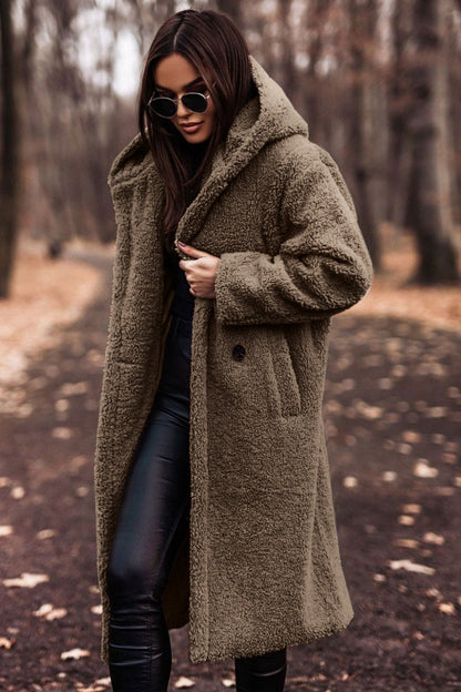 Abrigo de Piel de Oveja Sin Esfuerzo para Mujeres con Cuello con Capucha, Manga Larga, Estilo Oversized y Largo