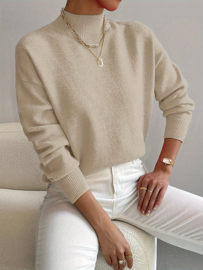 Suéter de punto cómodo para mujeres con cuello alto, mangas largas y estilo relajado y oversized