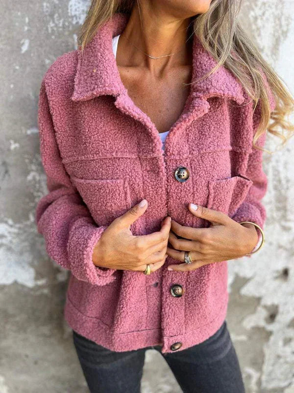 Chaqueta Sherpa Cómoda para Mujeres con Cuello, Manga Larga, Botones al Frente, Estilo Casual Relajado
