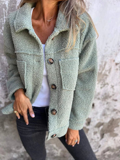 Chaqueta Sherpa Cómoda para Mujeres con Cuello, Manga Larga, Botones al Frente, Estilo Casual Relajado