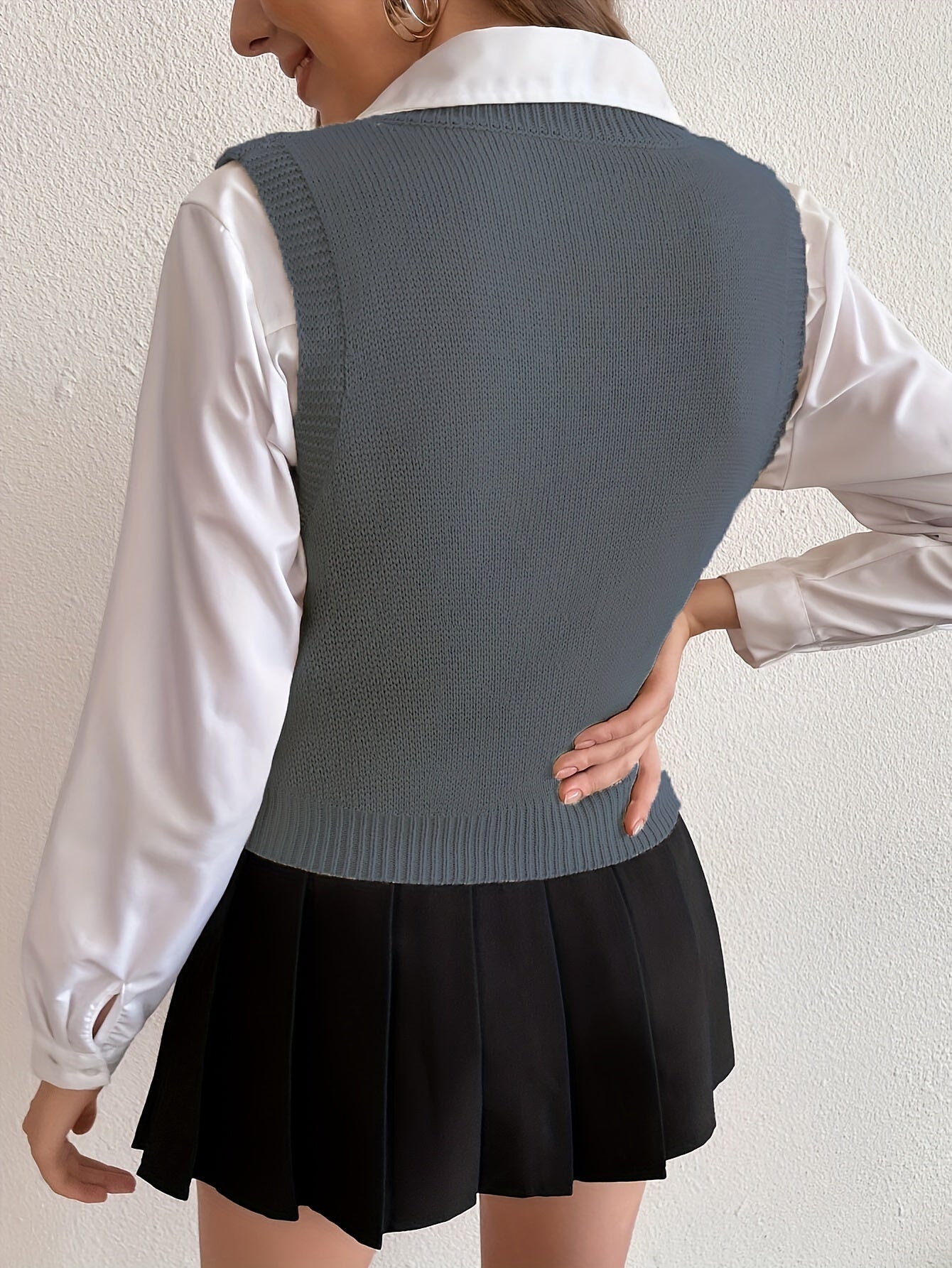 Chaleco de Punto Trenzado Cómodo para Mujeres con Escote en V, Sin Mangas y Dobladillo Acanalado, Estilo Preppy