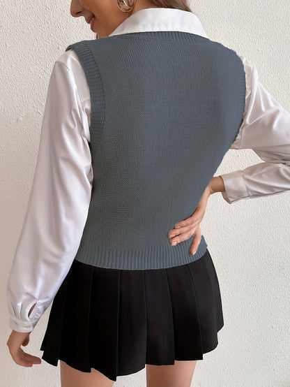 Chaleco de Punto Trenzado Cómodo para Mujeres con Escote en V, Sin Mangas y Dobladillo Acanalado, Estilo Preppy