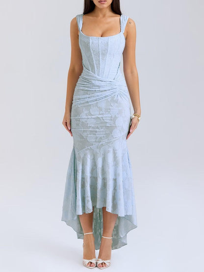 Vestido de Sirena Elegante de Encaje para Mujeres con Escote Cuadrado, Sin Mangas, Corsé, y Detalles Fruncidos para Invitadas a Bodas