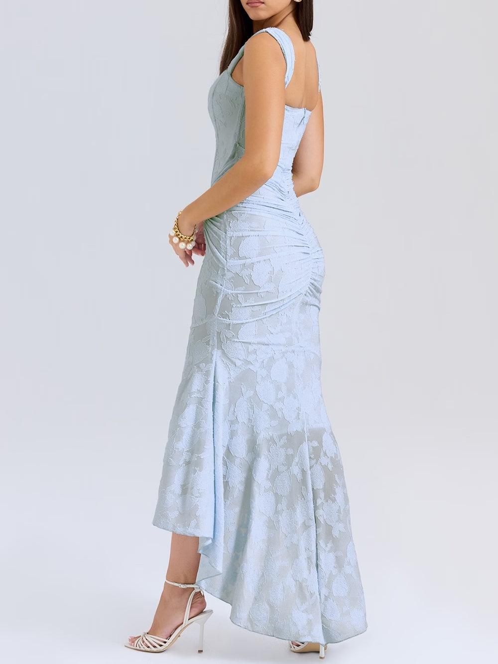 Vestido de Sirena Elegante de Encaje para Mujeres con Escote Cuadrado, Sin Mangas, Corsé, y Detalles Fruncidos para Invitadas a Bodas