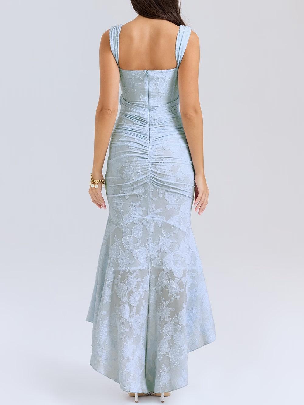 Vestido de Sirena Elegante de Encaje para Mujeres con Escote Cuadrado, Sin Mangas, Corsé, y Detalles Fruncidos para Invitadas a Bodas