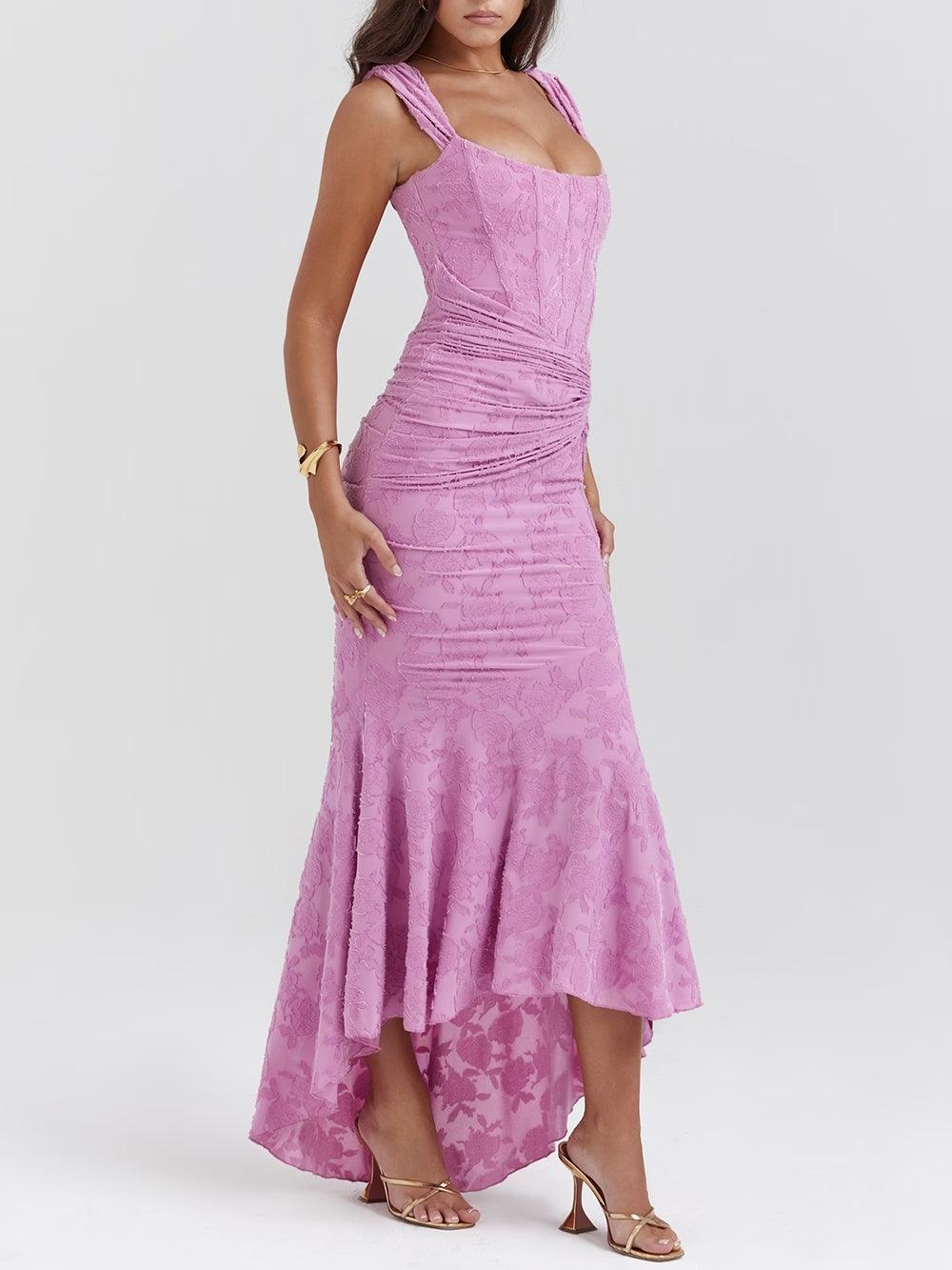 Vestido de Sirena Elegante de Encaje para Mujeres con Escote Cuadrado, Sin Mangas, Corsé, y Detalles Fruncidos para Invitadas a Bodas