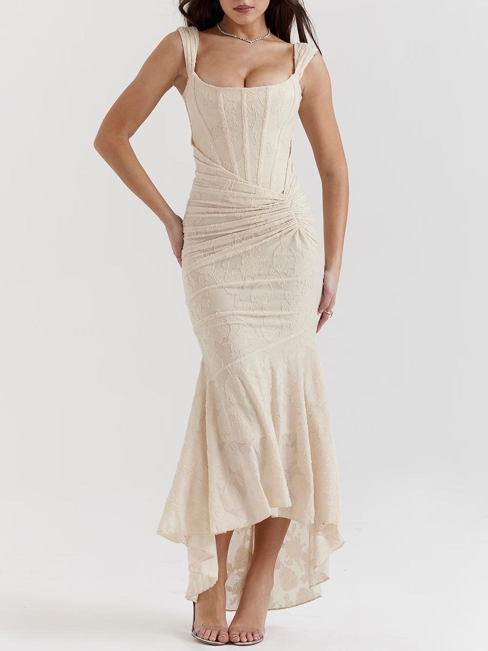Vestido de Sirena Elegante de Encaje para Mujeres con Escote Cuadrado, Sin Mangas, Corsé, y Detalles Fruncidos para Invitadas a Bodas