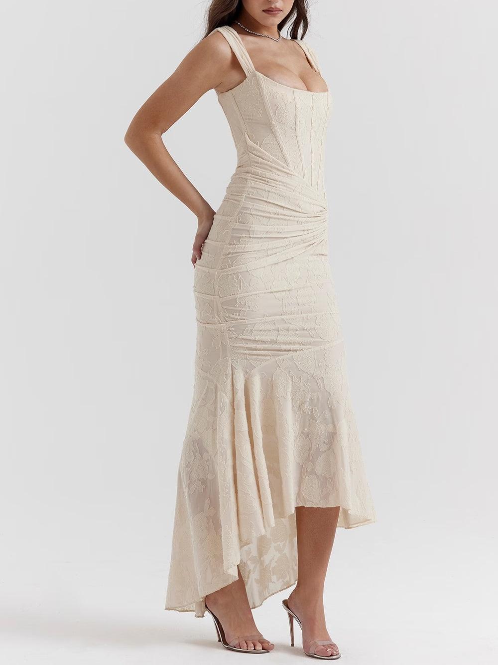 Vestido de Sirena Elegante de Encaje para Mujeres con Escote Cuadrado, Sin Mangas, Corsé, y Detalles Fruncidos para Invitadas a Bodas