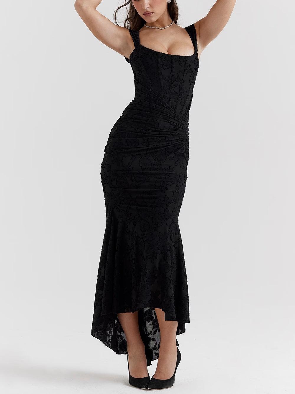 Vestido de Sirena Elegante de Encaje para Mujeres con Escote Cuadrado, Sin Mangas, Corsé, y Detalles Fruncidos para Invitadas a Bodas