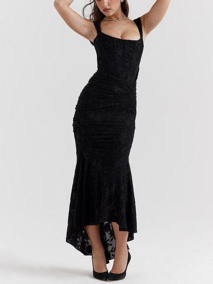 Vestido de Sirena Elegante de Encaje para Mujeres con Escote Cuadrado, Sin Mangas, Corsé, y Detalles Fruncidos para Invitadas a Bodas