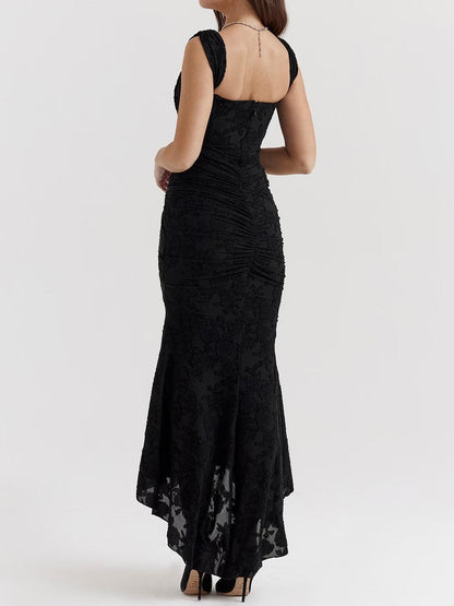 Vestido de Sirena Elegante de Encaje para Mujeres con Escote Cuadrado, Sin Mangas, Corsé, y Detalles Fruncidos para Invitadas a Bodas