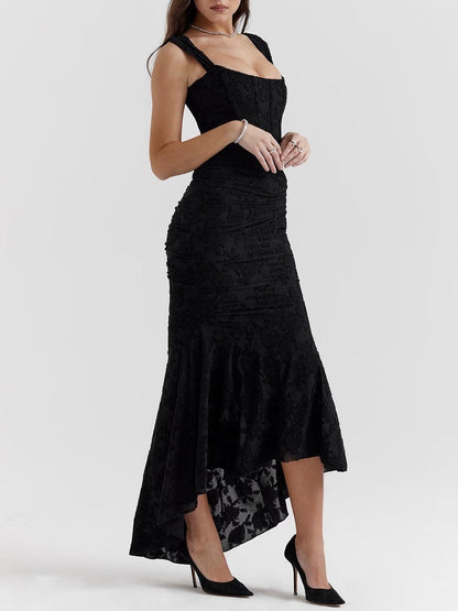 Vestido de Sirena Elegante de Encaje para Mujeres con Escote Cuadrado, Sin Mangas, Corsé, y Detalles Fruncidos para Invitadas a Bodas