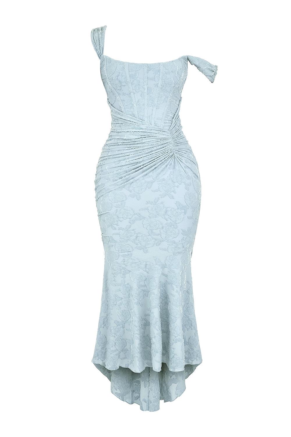 Vestido de Sirena Elegante de Encaje para Mujeres con Escote Cuadrado, Sin Mangas, Corsé, y Detalles Fruncidos para Invitadas a Bodas