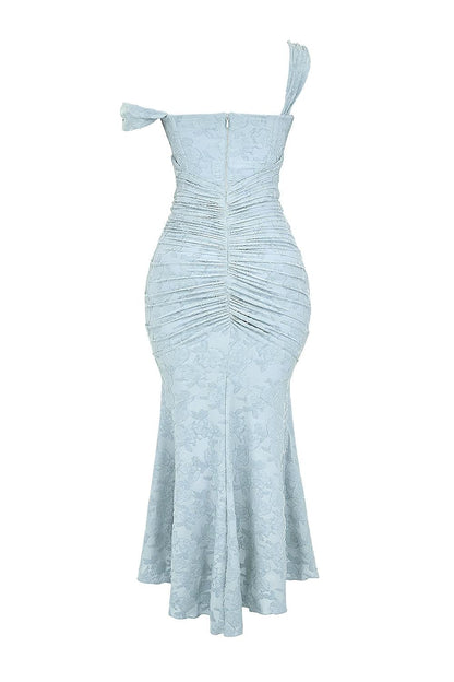 Vestido de Sirena Elegante de Encaje para Mujeres con Escote Cuadrado, Sin Mangas, Corsé, y Detalles Fruncidos para Invitadas a Bodas