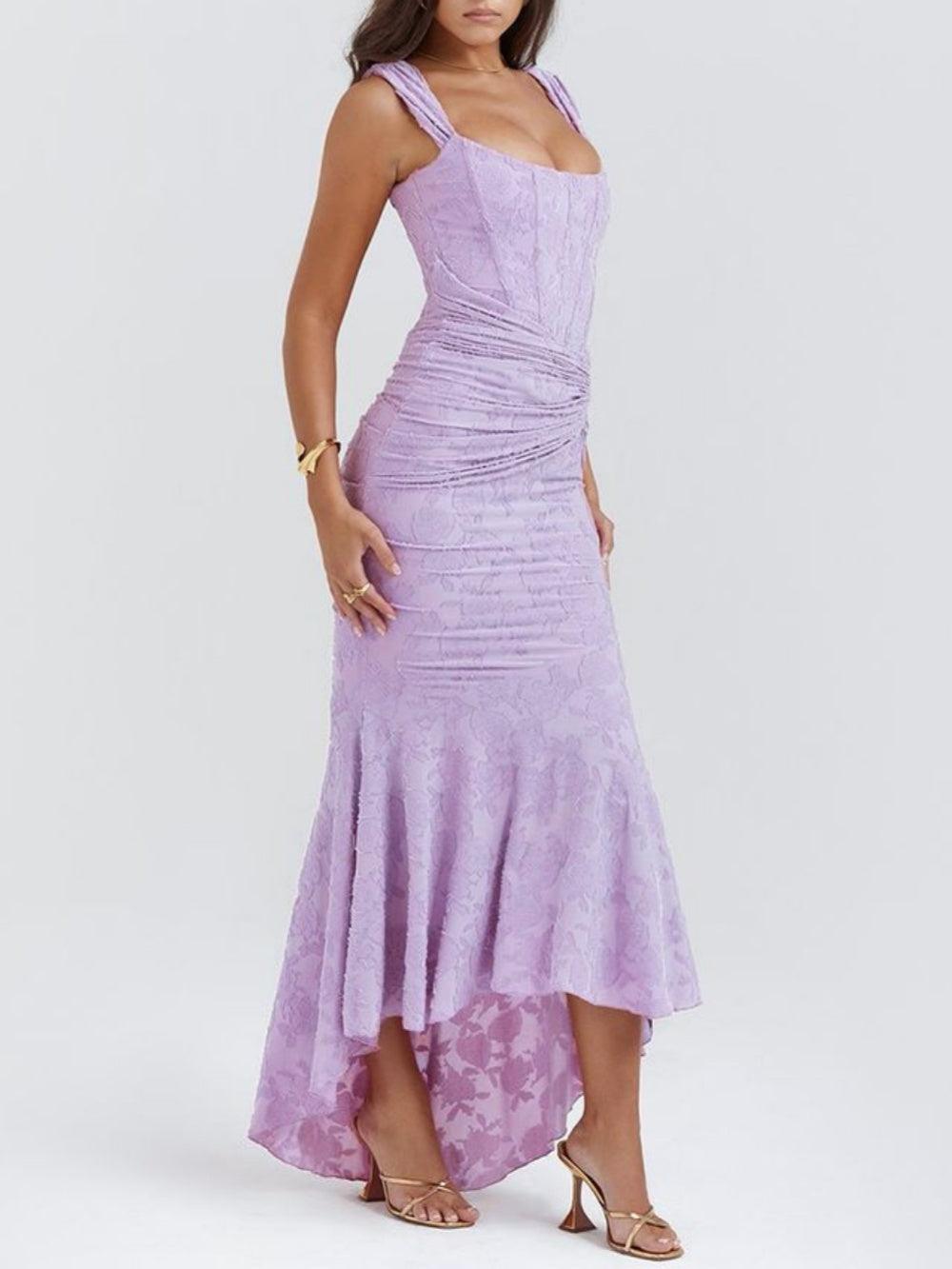Vestido de Sirena Elegante de Encaje para Mujeres con Escote Cuadrado, Sin Mangas, Corsé, y Detalles Fruncidos para Invitadas a Bodas
