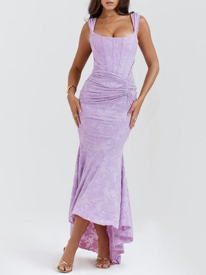 Vestido de Sirena Elegante de Encaje para Mujeres con Escote Cuadrado, Sin Mangas, Corsé, y Detalles Fruncidos para Invitadas a Bodas