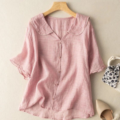 Blusa de Lino Sin Esfuerzo para Mujeres con Cuello Peter Pan, Manga Corta, Volantes, Botones en la Parte Frontal, Estilo Relajado