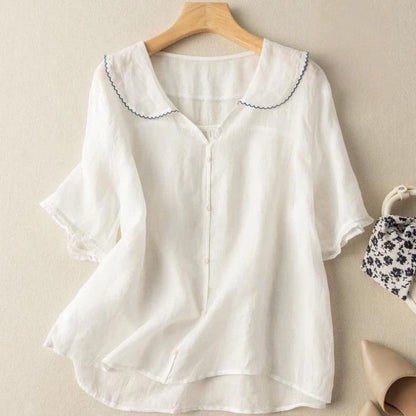Blusa de Lino Sin Esfuerzo para Mujeres con Cuello de V en Volantes y Estilo Casual