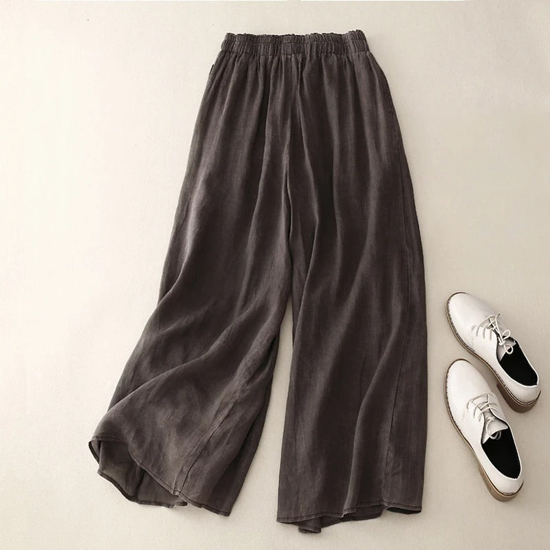 Pantalones de Lino Anchos para Mujeres con Cintura Alta y Cordón, Largo hasta el Tobillo, Estilo Casual Fluyente