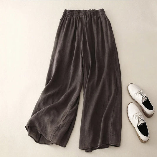 Pantalones de Lino Anchos para Mujeres con Cintura Alta y Cordón, Largo hasta el Tobillo, Estilo Casual Fluyente
