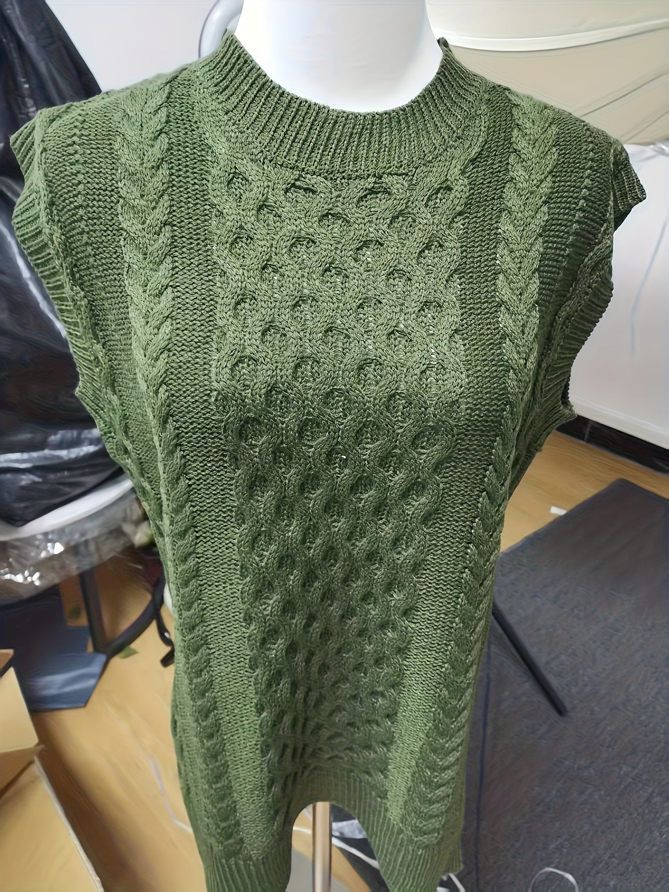 Chaleco de Punto Trenzado Cómodo para Mujeres con Cuello Redondo Sin Mangas Estilo Oversized